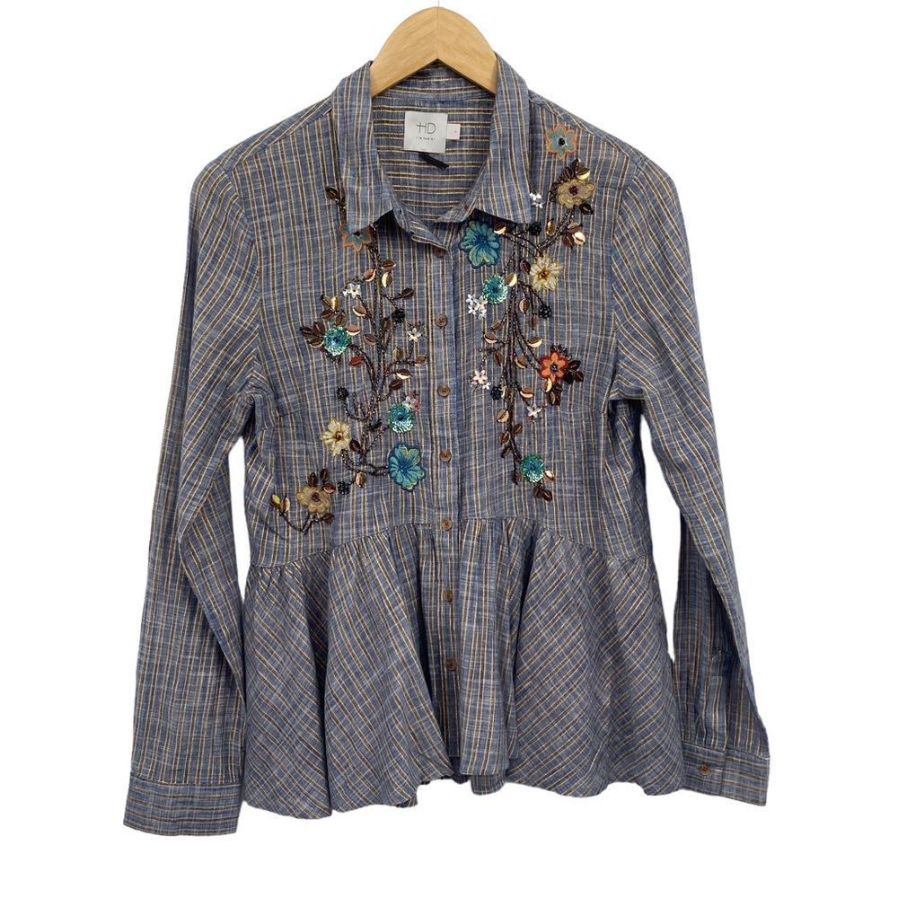 Anthropologie Blue Plaid Peplum Button-Front Blouse with Floral Embroidery